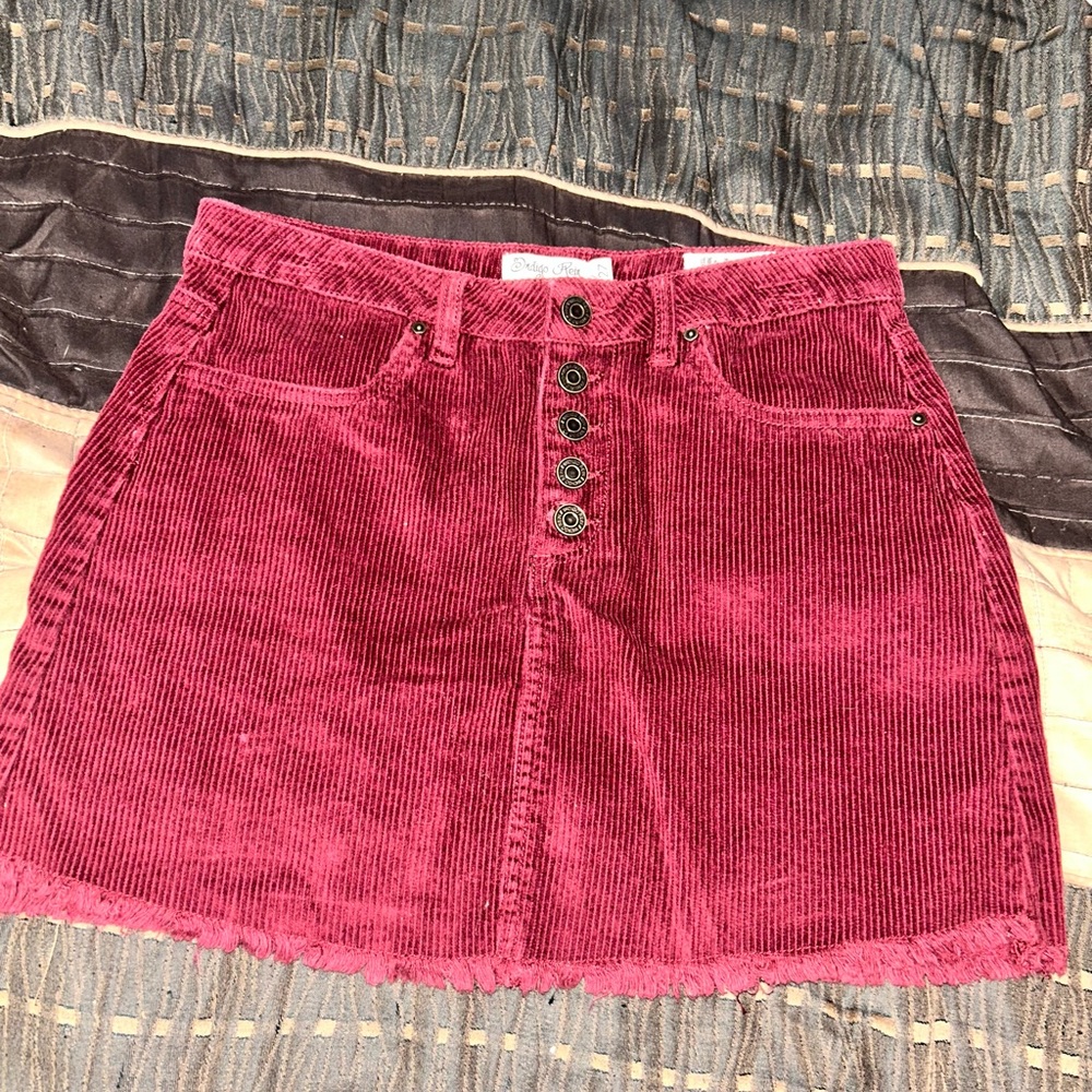 Burgundy Corduroy Distressed Hem Mini Skirt